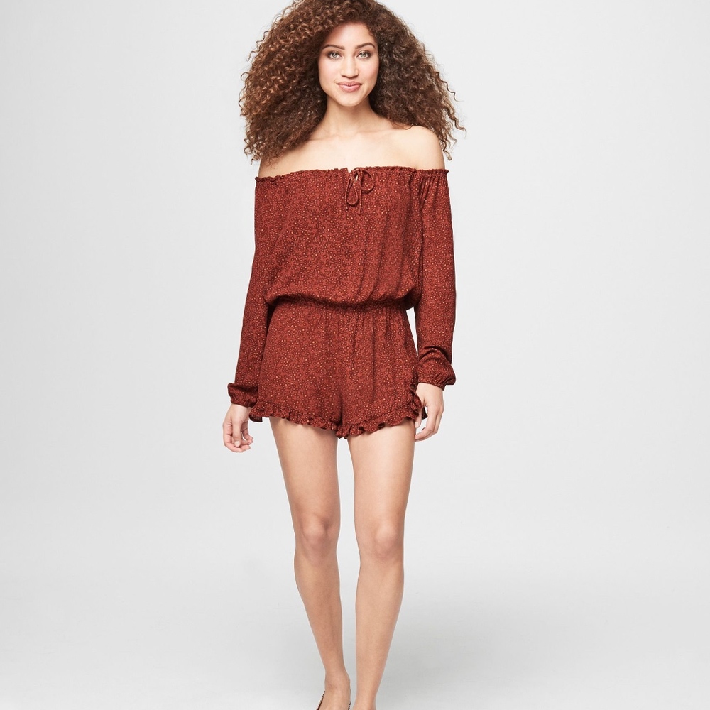 floral print off the shoulder ruffle hem romper